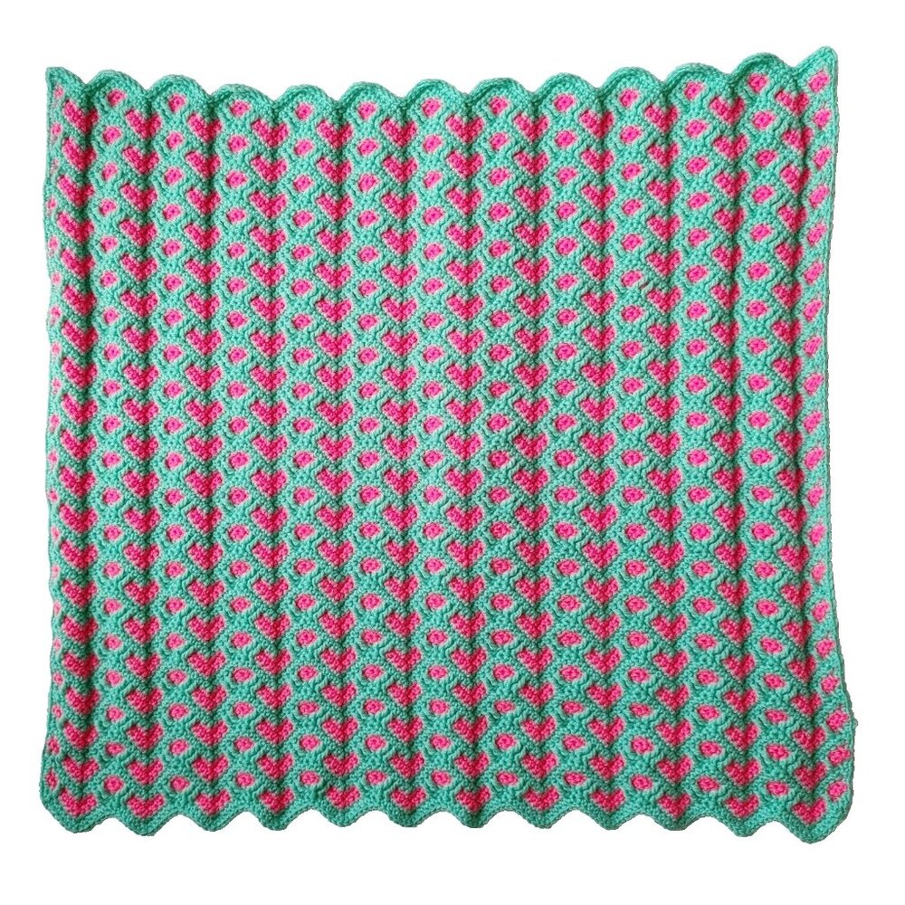 Handmade Knitted Crochet Baby Blanket Pink Green Zig Zag Hearts Throw 33" X 32"
